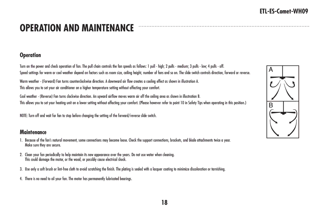 Westinghouse ETL-ES-Comet-WH09 owner manual Operation And Maintenance 